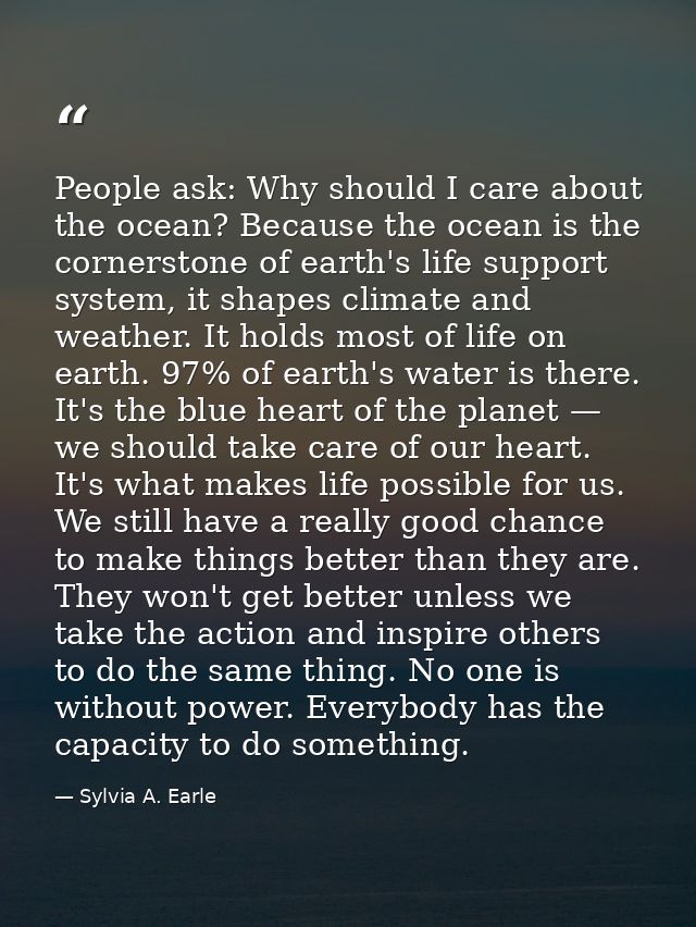 People ask: Why should I care about the ocean? Because the ocean is the cornerstone of earth's life support system, it s — Sylvia A. Earle