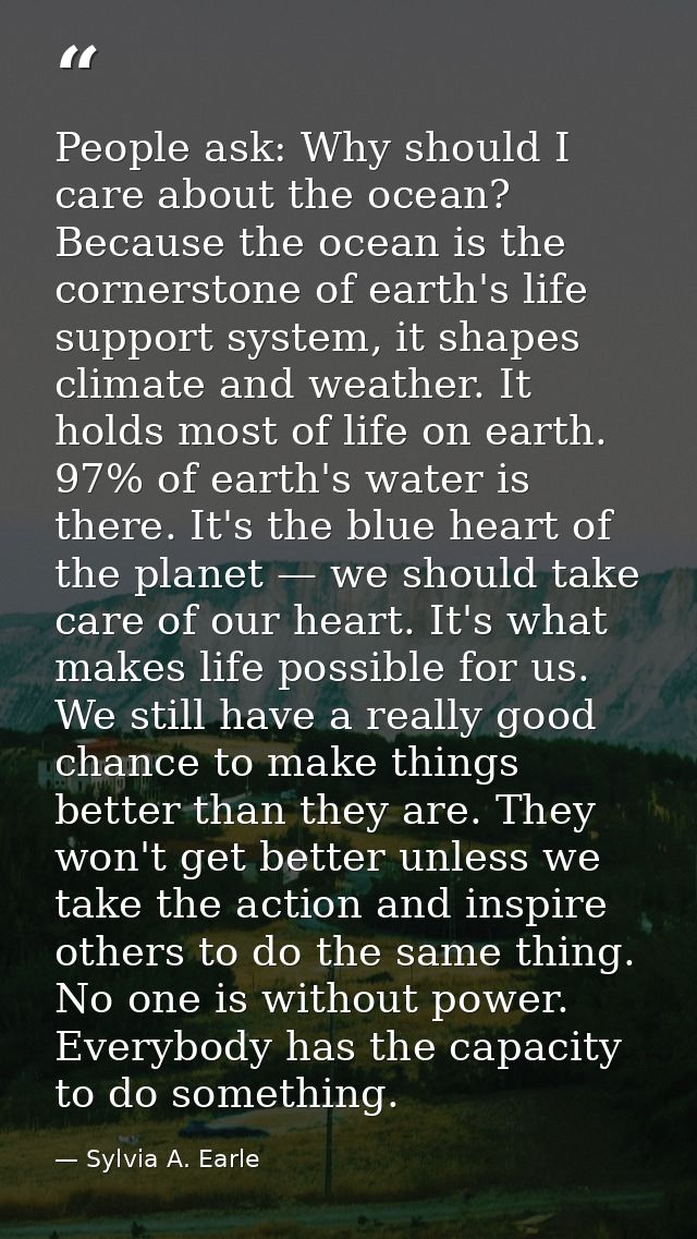 People ask: Why should I care about the ocean? Because the ocean is the cornerstone of earth's life support system, it s — Sylvia A. Earle