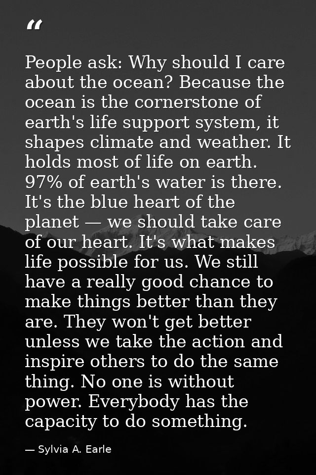 People ask: Why should I care about the ocean? Because the ocean is the cornerstone of earth's life support system, it s — Sylvia A. Earle