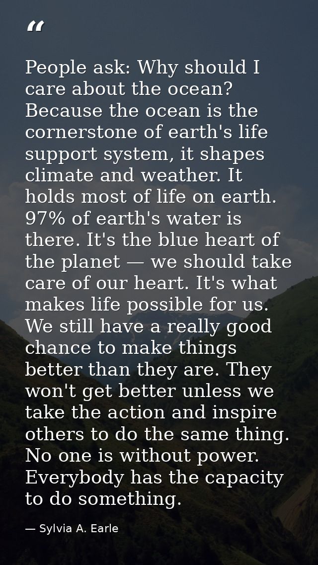People ask: Why should I care about the ocean? Because the ocean is the cornerstone of earth's life support system, it s — Sylvia A. Earle