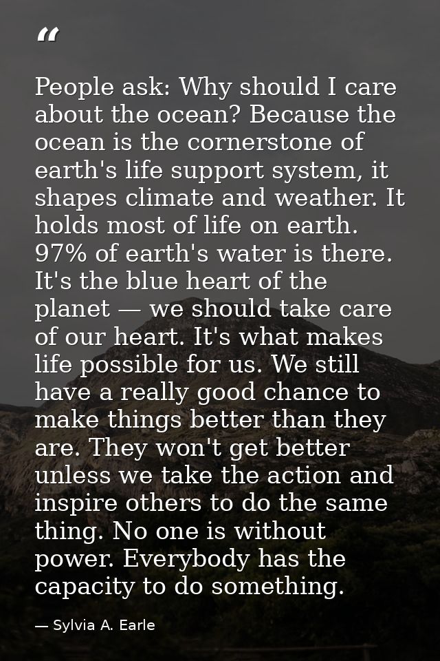 People ask: Why should I care about the ocean? Because the ocean is the cornerstone of earth's life support system, it s — Sylvia A. Earle