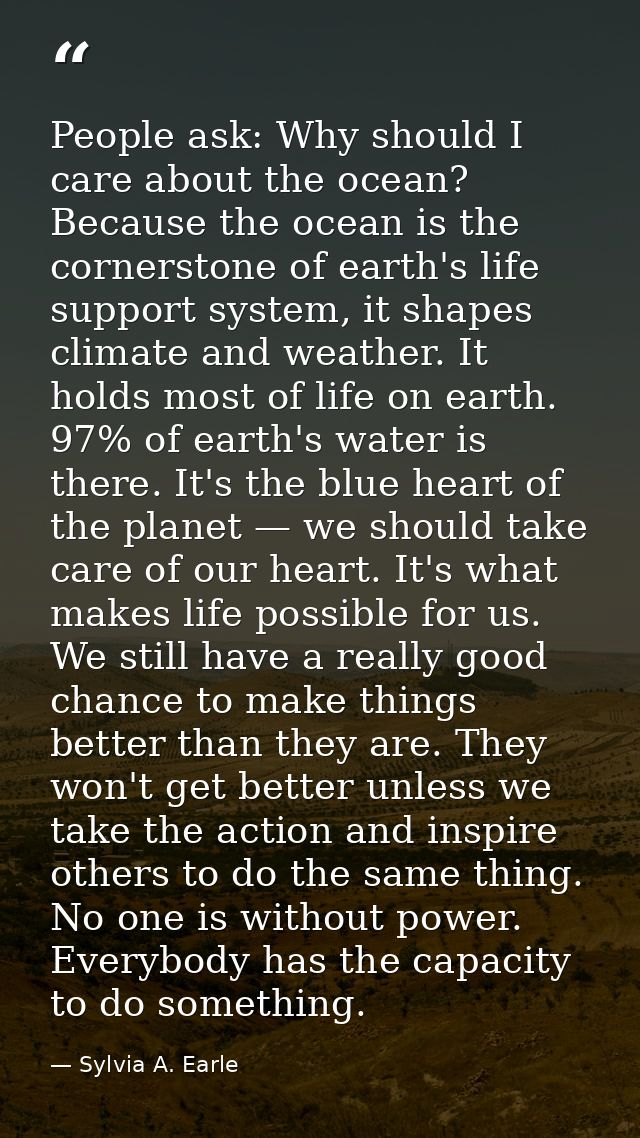 People ask: Why should I care about the ocean? Because the ocean is the cornerstone of earth's life support system, it s — Sylvia A. Earle