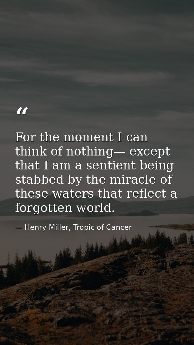 For the moment I can think of nothing— except that I am a sentient being stabbed by the miracle of these waters that ref — Henry Miller, Tropic of Cancer