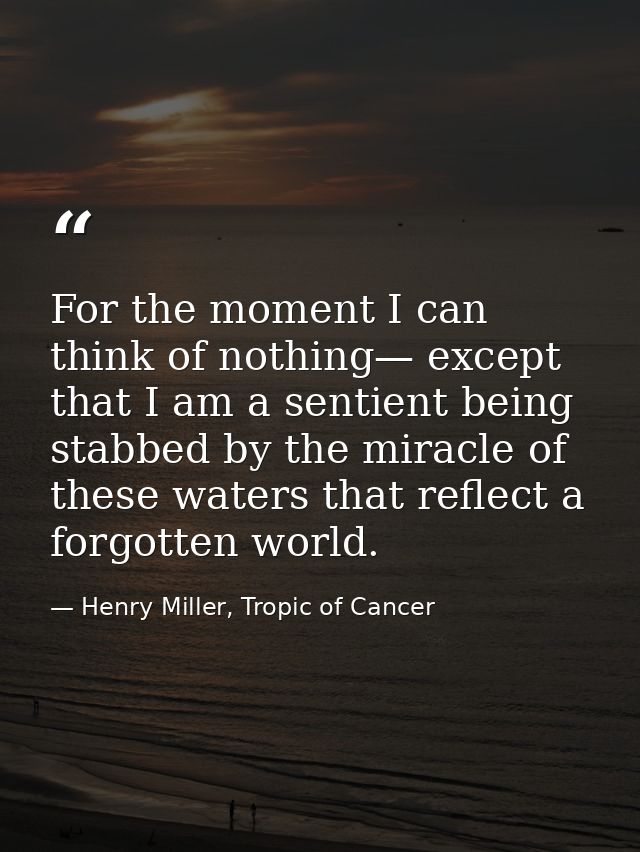 For the moment I can think of nothing— except that I am a sentient being stabbed by the miracle of these waters that ref — Henry Miller, Tropic of Cancer
