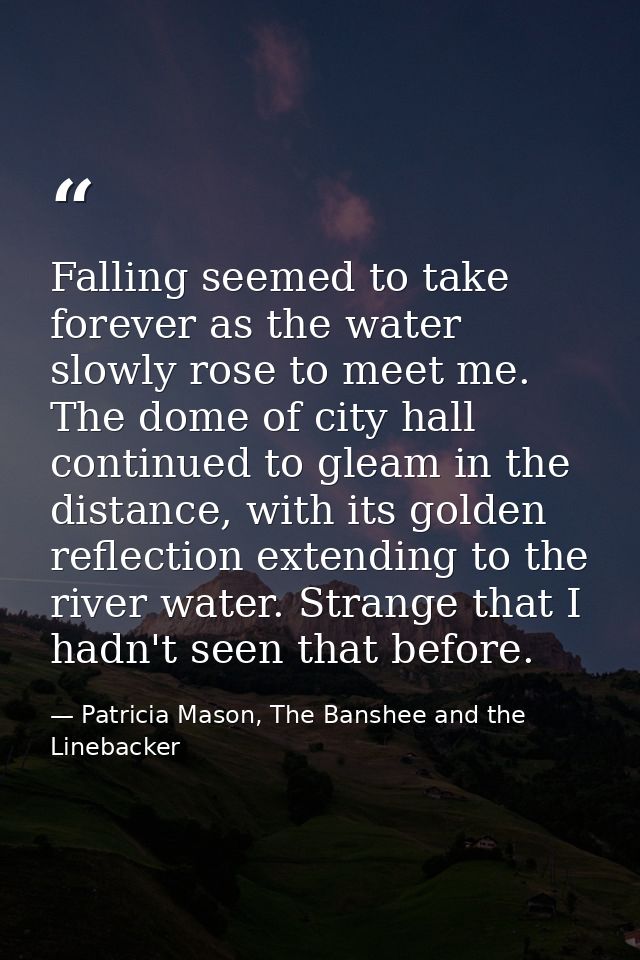 Falling seemed to take forever as the water slowly rose to meet me. The dome of city hall continued to gleam in the dist — Patricia Mason, The Banshee and the Linebacker