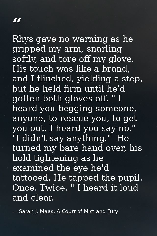 Rhys gave no warning as he gripped my arm, snarling softly, and tore off my glove. His touch was like a brand, and I fli — Sarah J. Maas, A Court of Mist and Fury