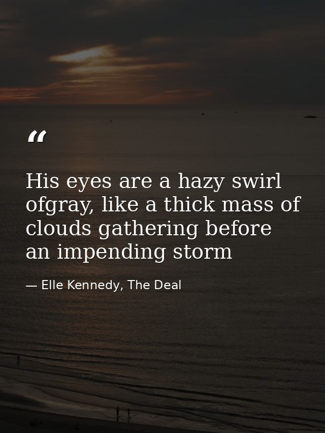 His eyes are a hazy swirl ofgray, like a thick mass of clouds gathering before an impending storm — Elle Kennedy, The Deal