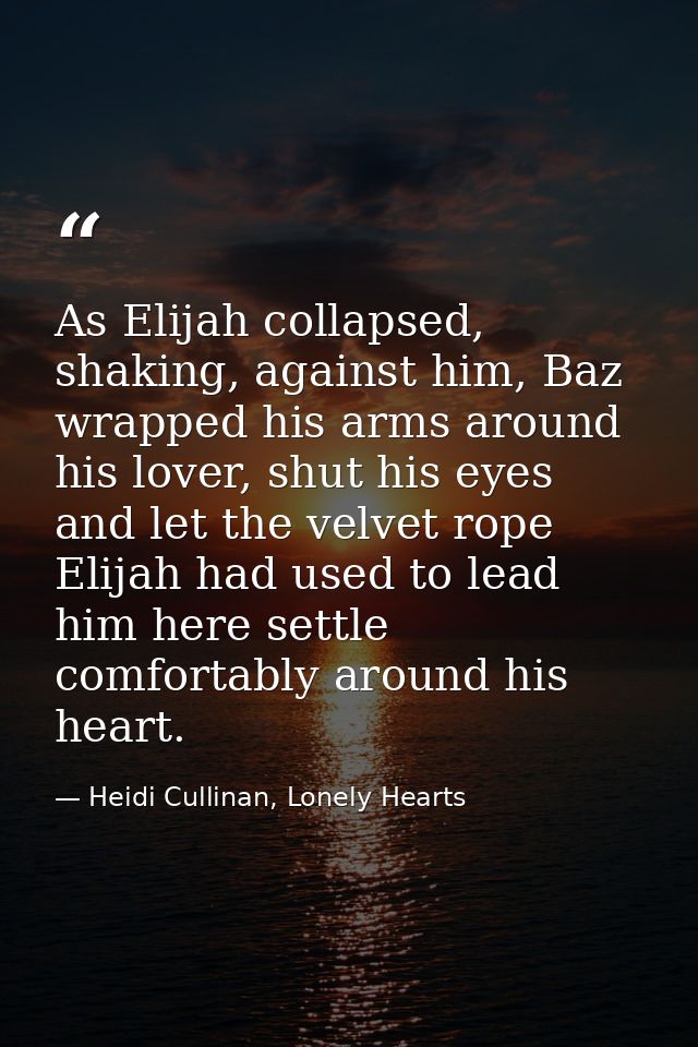 As Elijah collapsed, shaking, against him, Baz wrapped his arms around his lover, shut his eyes and let the velvet rope  — Heidi Cullinan, Lonely Hearts