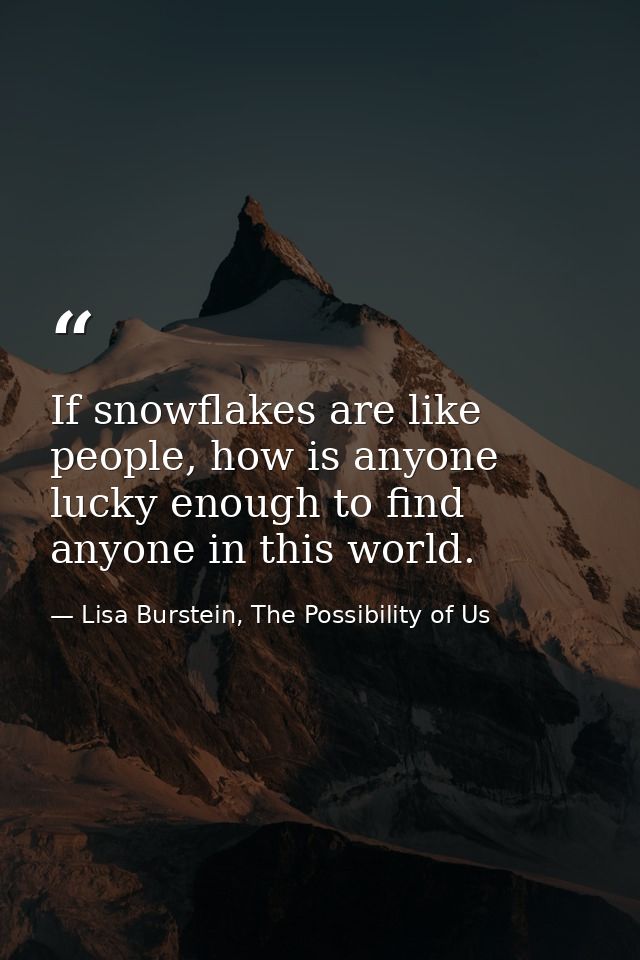 If snowflakes are like people, how is anyone lucky enough to find anyone in this world. — Lisa Burstein, The Possibility of Us
