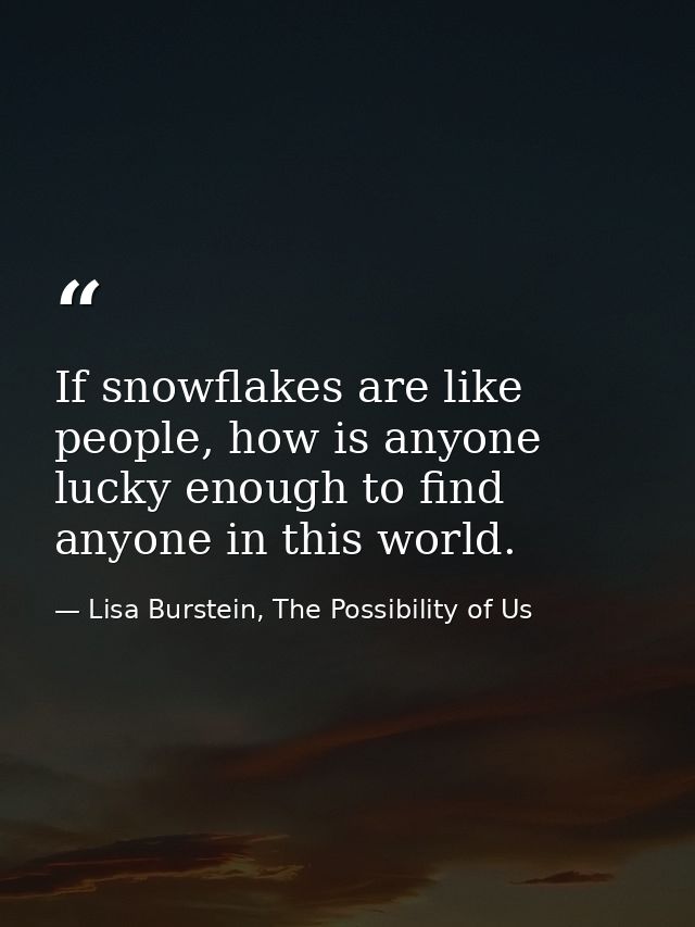 If snowflakes are like people, how is anyone lucky enough to find anyone in this world. — Lisa Burstein, The Possibility of Us