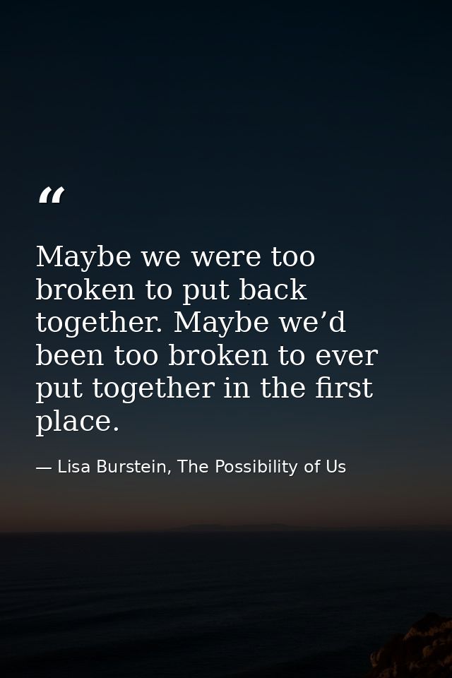 Maybe we were too broken to put back together. Maybe we’d been too broken to ever put together in the first place. — Lisa Burstein, The Possibility of Us
