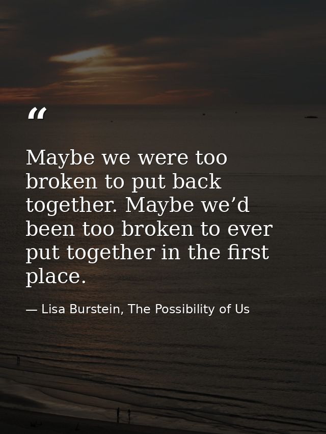 Maybe we were too broken to put back together. Maybe we’d been too broken to ever put together in the first place. — Lisa Burstein, The Possibility of Us