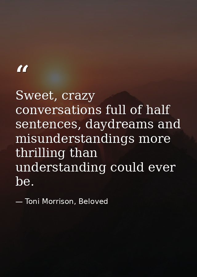 Sweet, crazy conversations full of half sentences, daydreams and misunderstandings more thrilling than understanding cou — Toni Morrison, Beloved