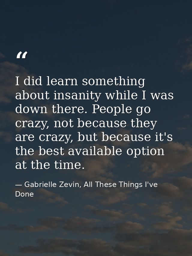 I did learn something about insanity while I was down there. People go crazy, not because they are crazy, but because it — Gabrielle Zevin, All These Things I've Done
