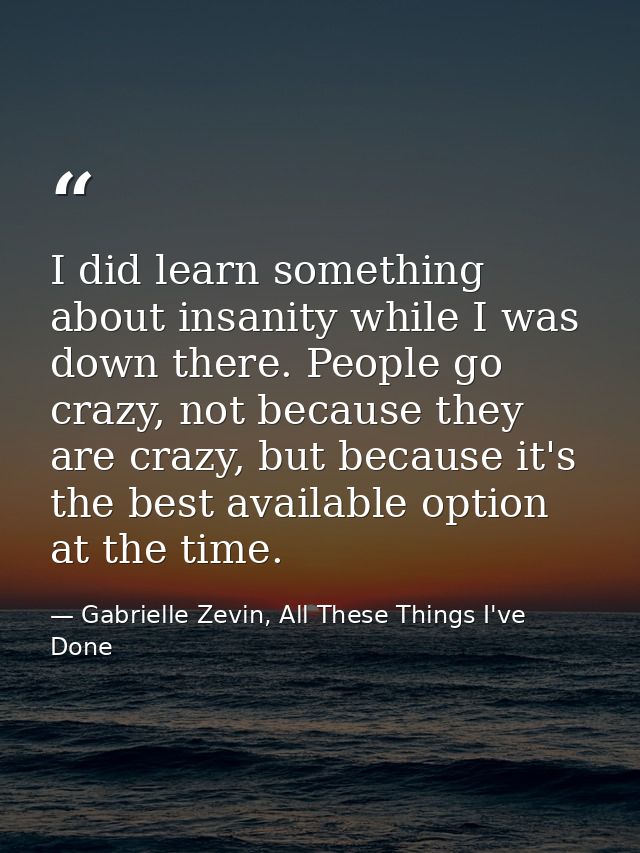 I did learn something about insanity while I was down there. People go crazy, not because they are crazy, but because it — Gabrielle Zevin, All These Things I've Done