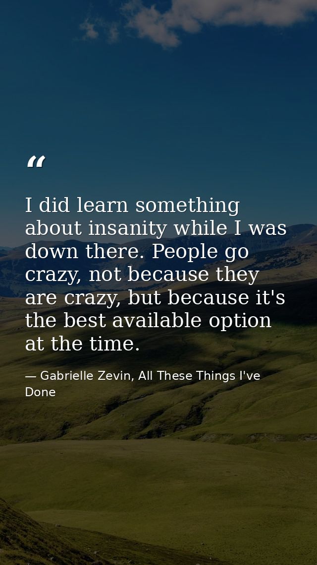 I did learn something about insanity while I was down there. People go crazy, not because they are crazy, but because it — Gabrielle Zevin, All These Things I've Done