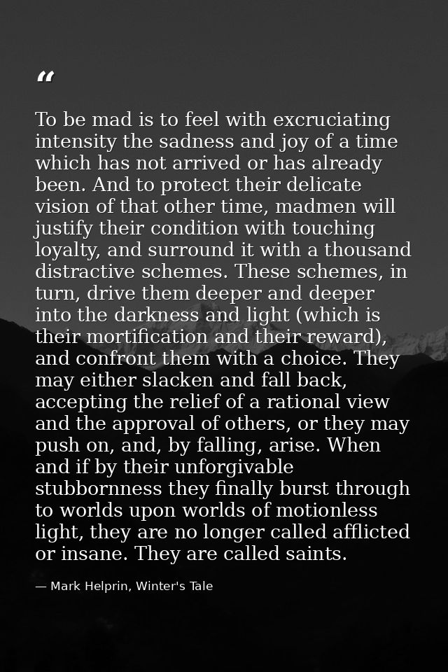 To be mad is to feel with excruciating intensity the sadness and joy of a time which has not arrived or has already been — Mark Helprin, Winter's Tale