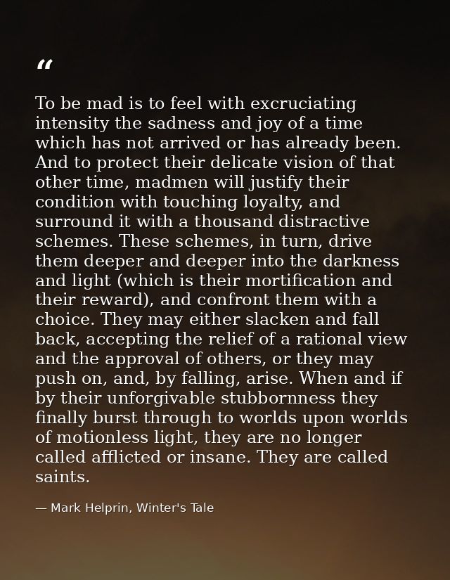To be mad is to feel with excruciating intensity the sadness and joy of a time which has not arrived or has already been — Mark Helprin, Winter's Tale