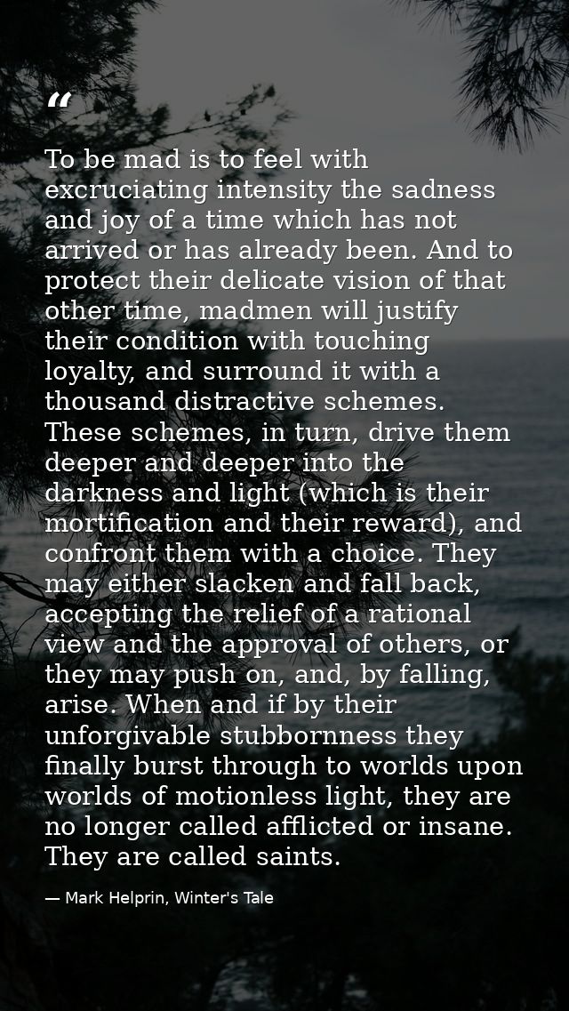 To be mad is to feel with excruciating intensity the sadness and joy of a time which has not arrived or has already been — Mark Helprin, Winter's Tale