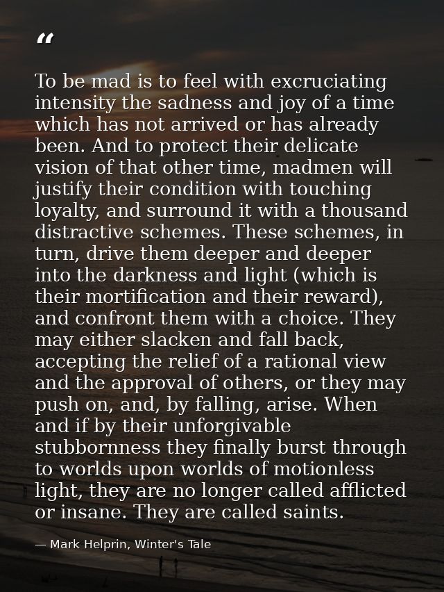 To be mad is to feel with excruciating intensity the sadness and joy of a time which has not arrived or has already been — Mark Helprin, Winter's Tale