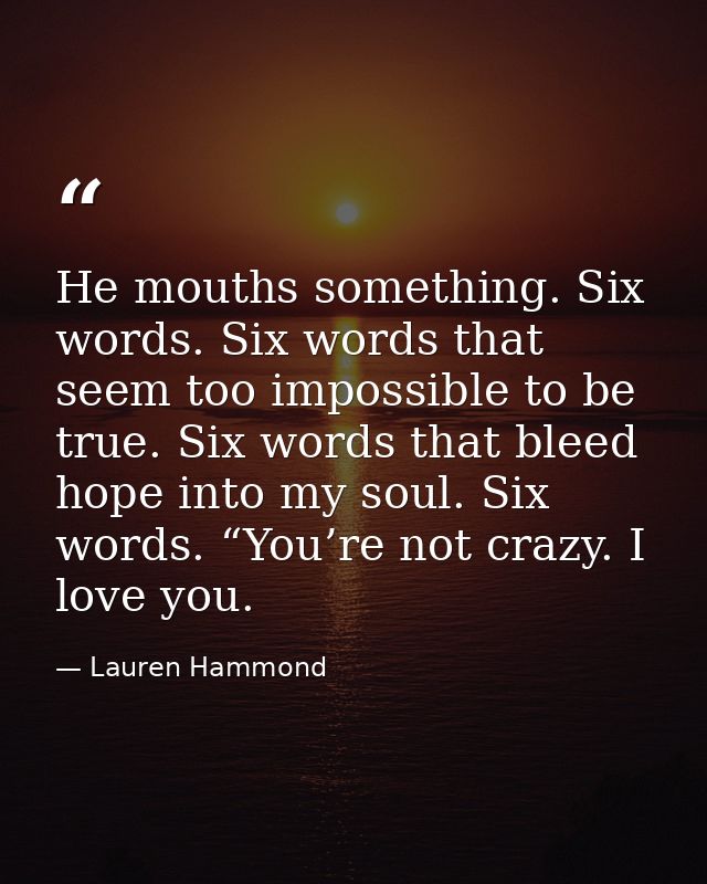 He mouths something. Six words. Six words that seem too impossible to be true. Six words that bleed hope into my soul. S — Lauren Hammond