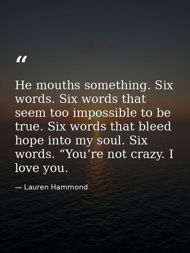 He mouths something. Six words. Six words that seem too impossible to be true. Six words that bleed hope into my soul. S — Lauren Hammond