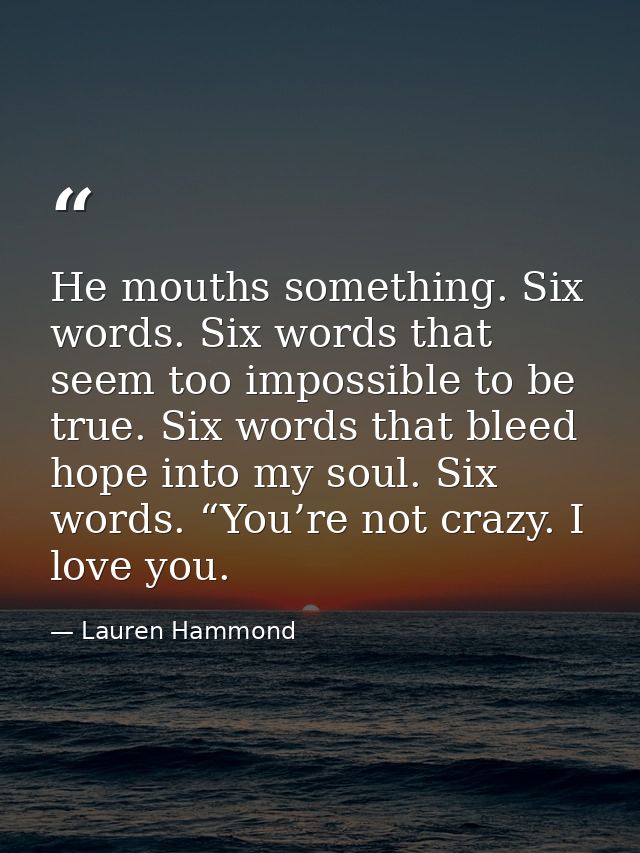 He mouths something. Six words. Six words that seem too impossible to be true. Six words that bleed hope into my soul. S — Lauren Hammond
