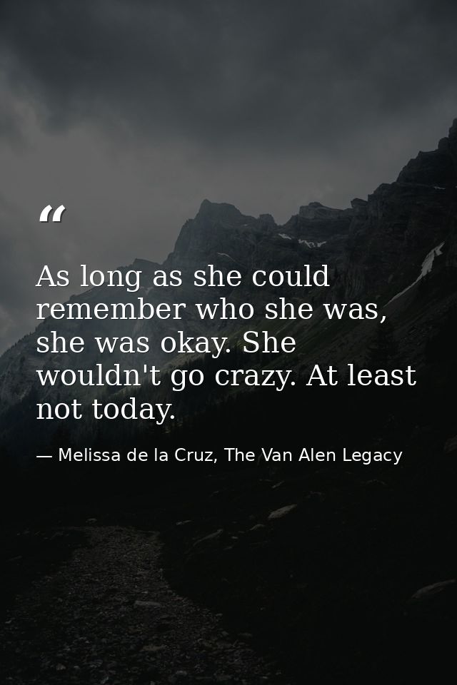 As long as she could remember who she was, she was okay. She wouldn't go crazy. At least not today. — Melissa de la Cruz, The Van Alen Legacy