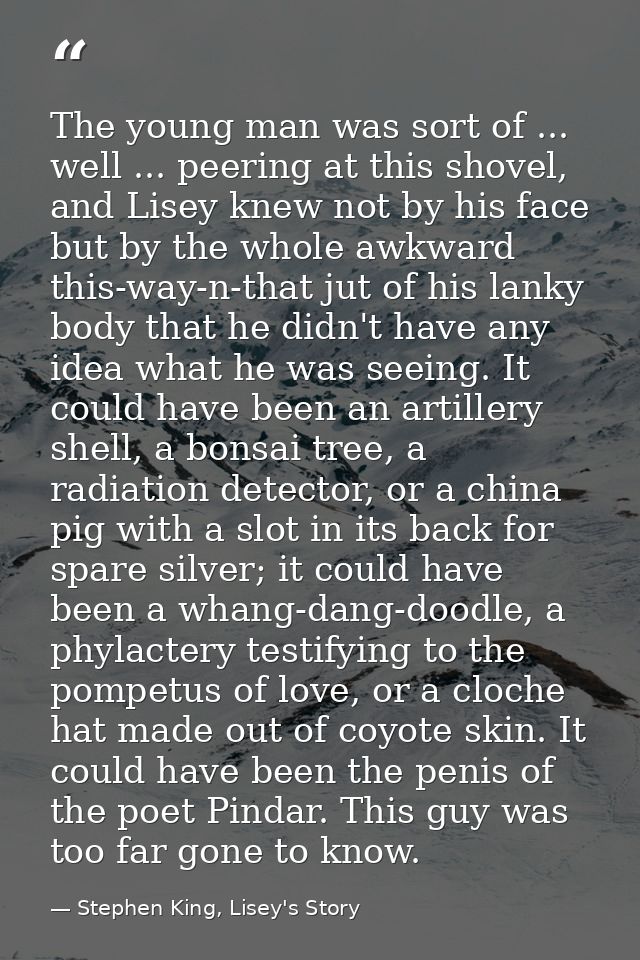 The young man was sort of ... well ... peering at this shovel, and Lisey knew not by his face but by the whole awkward t — Stephen King, Lisey's Story