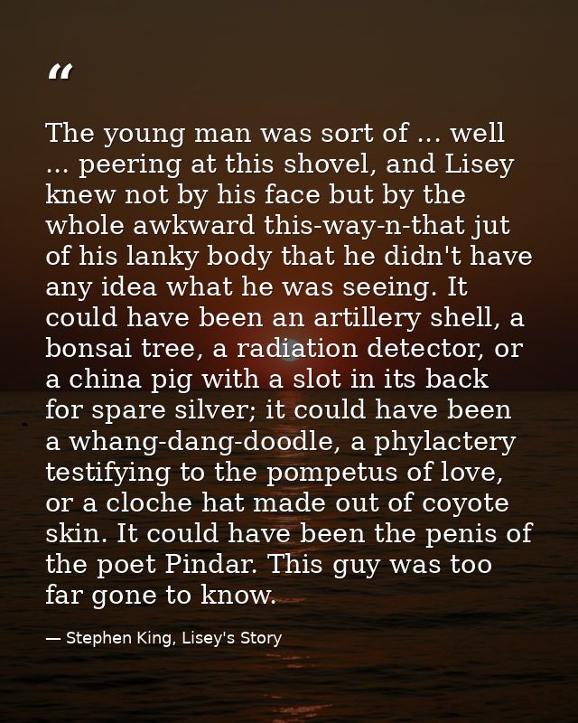 The young man was sort of ... well ... peering at this shovel, and Lisey knew not by his face but by the whole awkward t — Stephen King, Lisey's Story