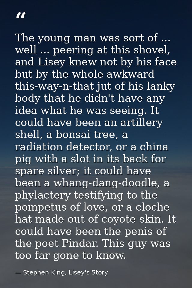 The young man was sort of ... well ... peering at this shovel, and Lisey knew not by his face but by the whole awkward t — Stephen King, Lisey's Story