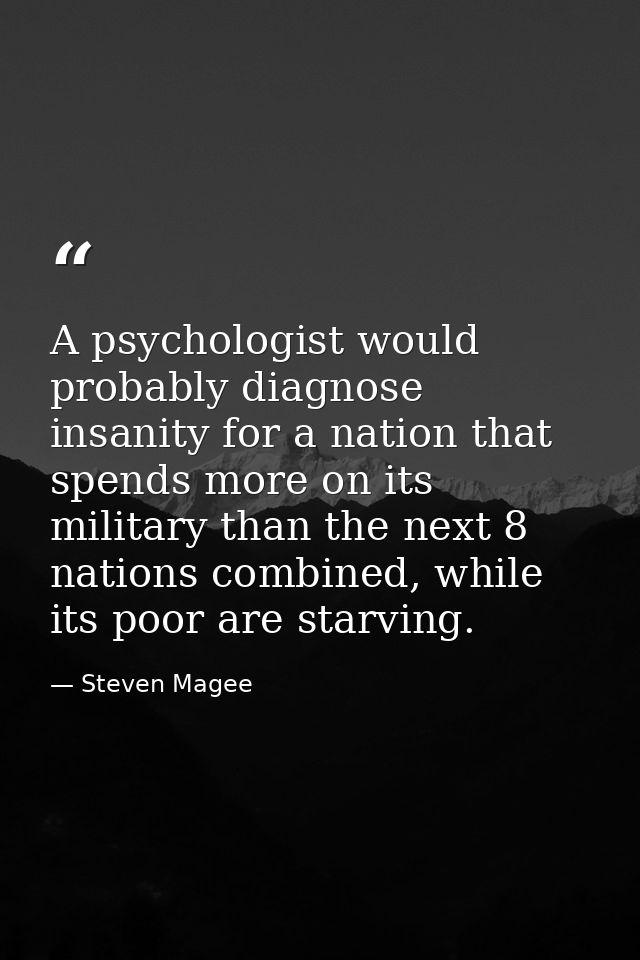 A psychologist would probably diagnose insanity for a nation that spends more on its military than the next 8 nations co — Steven Magee