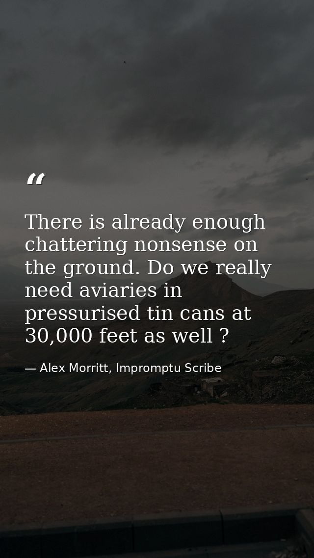There is already enough chattering nonsense on the ground. Do we really need aviaries in pressurised tin cans at 30,000  — Alex Morritt, Impromptu Scribe