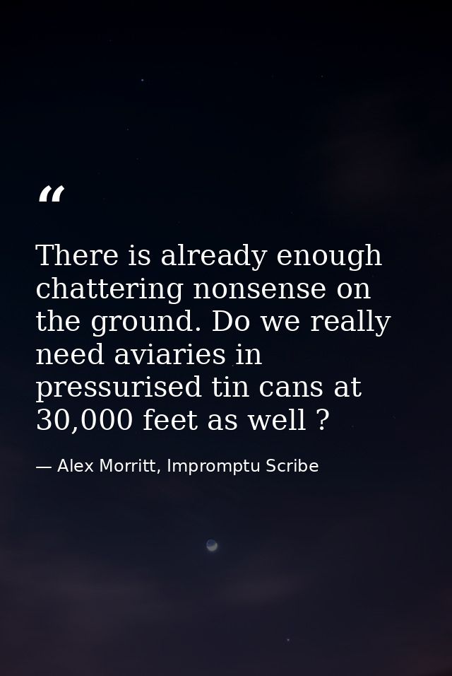 There is already enough chattering nonsense on the ground. Do we really need aviaries in pressurised tin cans at 30,000  — Alex Morritt, Impromptu Scribe
