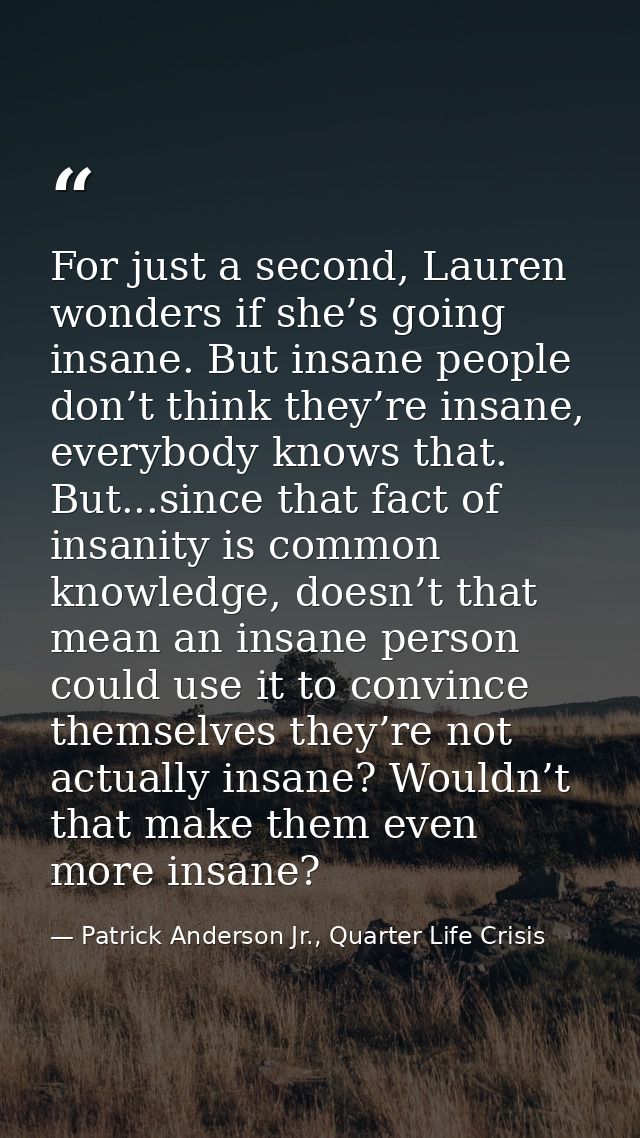 For just a second, Lauren wonders if she’s going insane. But insane people don’t think they’re insane, everybody knows t — Patrick Anderson Jr., Quarter Life Crisis