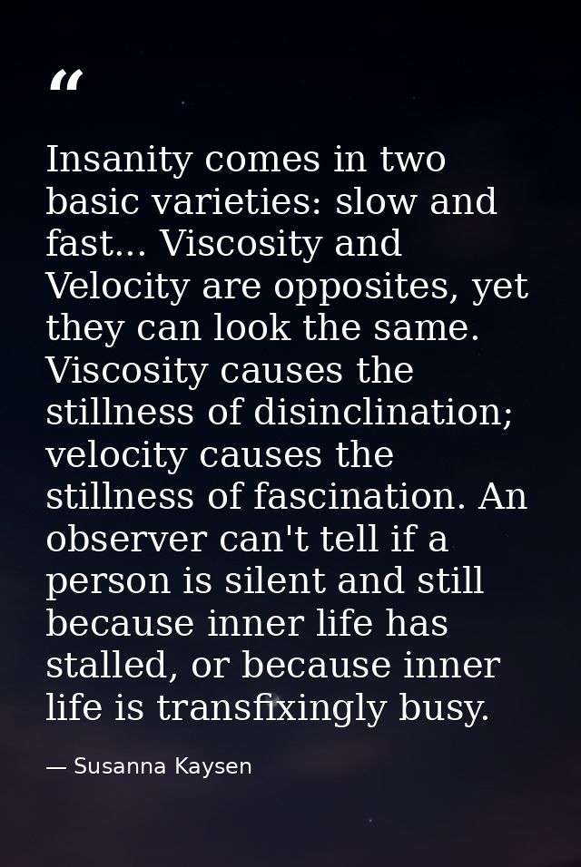 Insanity comes in two basic varieties: slow and fast... Viscosity and Velocity are opposites, yet they can look the same — Susanna Kaysen