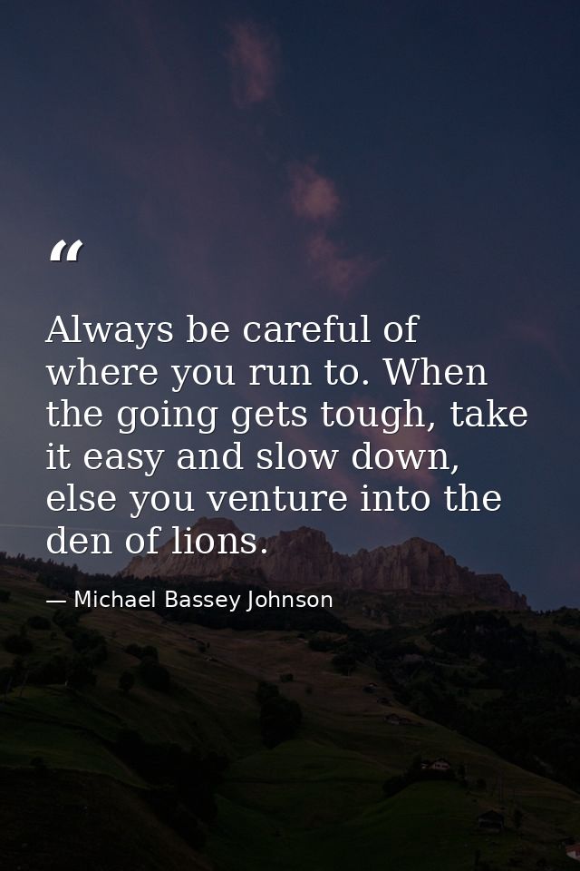 Always be careful of where you run to. When the going gets tough, take it easy and slow down, else you venture into the  — Michael Bassey Johnson
