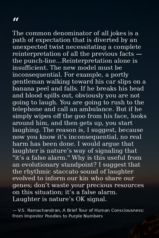 The common denominator of all jokes is a path of expectation that is diverted by an unexpected twist necessitating a com — V.S. Ramachandran, A Brief Tour of Human Consciousness: From Impostor Poodles to Purple Numbers