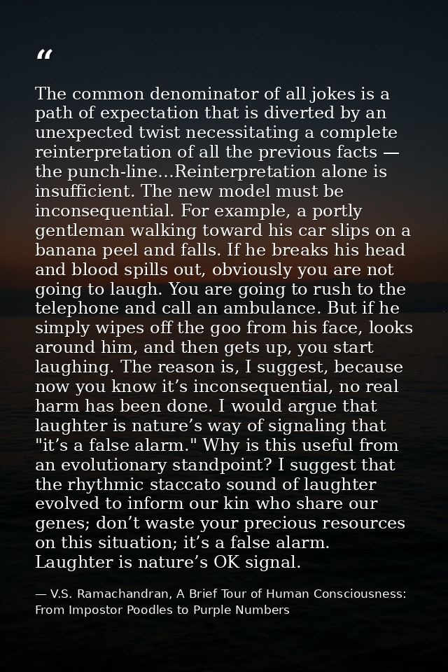 The common denominator of all jokes is a path of expectation that is diverted by an unexpected twist necessitating a com — V.S. Ramachandran, A Brief Tour of Human Consciousness: From Impostor Poodles to Purple Numbers