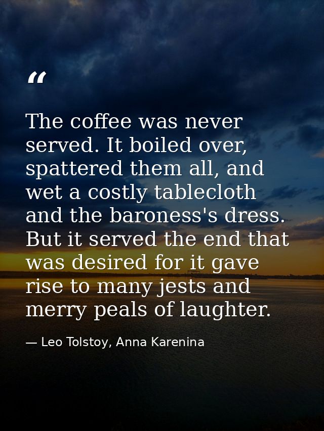 The coffee was never served. It boiled over, spattered them all, and wet a costly tablecloth and the baroness's dress. B — Leo Tolstoy, Anna Karenina