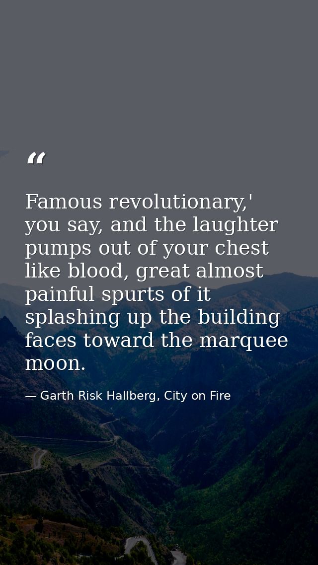Famous revolutionary,' you say, and the laughter pumps out of your chest like blood, great almost painful spurts of it s — Garth Risk Hallberg, City on Fire