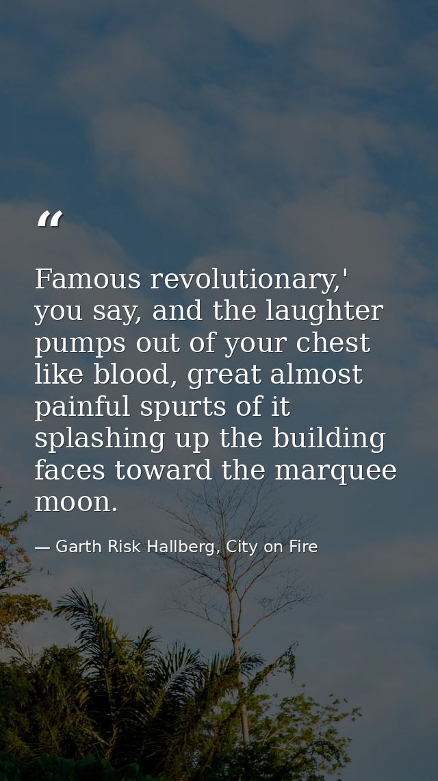 Famous revolutionary,' you say, and the laughter pumps out of your chest like blood, great almost painful spurts of it s — Garth Risk Hallberg, City on Fire
