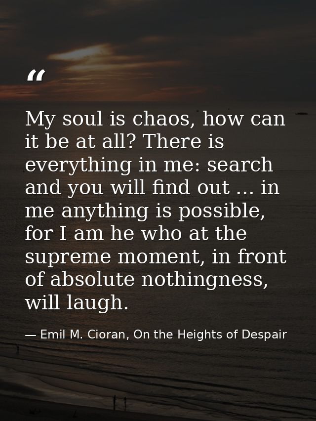 My soul is chaos, how can it be at all? There is everything in me: search and you will find out ... in me anything is po — Emil M. Cioran, On the Heights of Despair