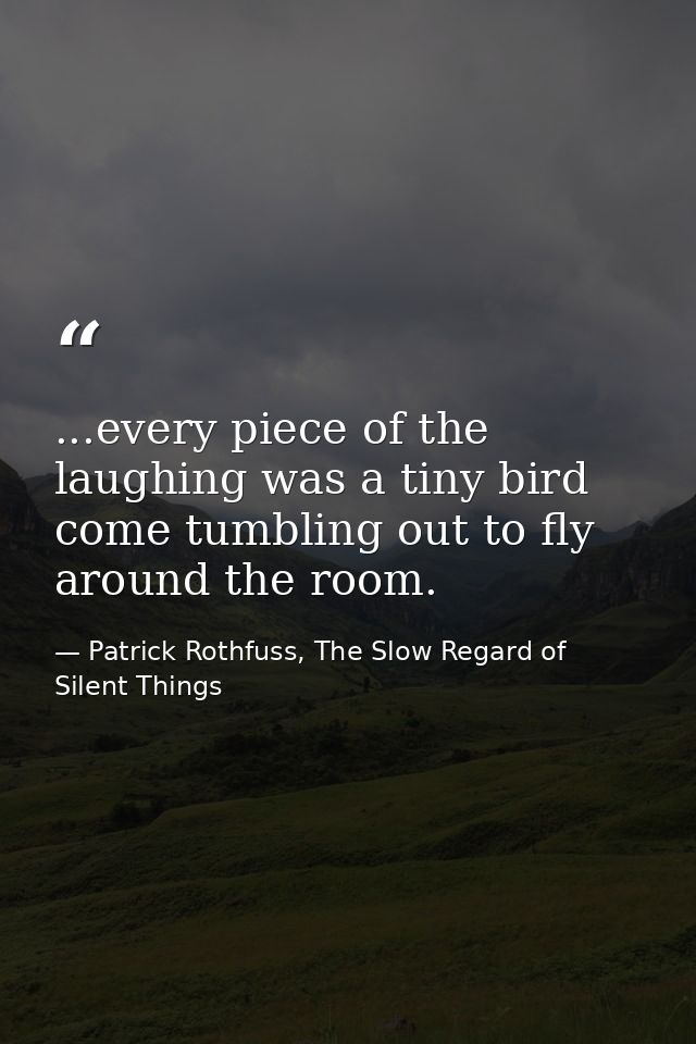 ...every piece of the laughing was a tiny bird come tumbling out to fly around the room. — Patrick Rothfuss, The Slow Regard of Silent Things
