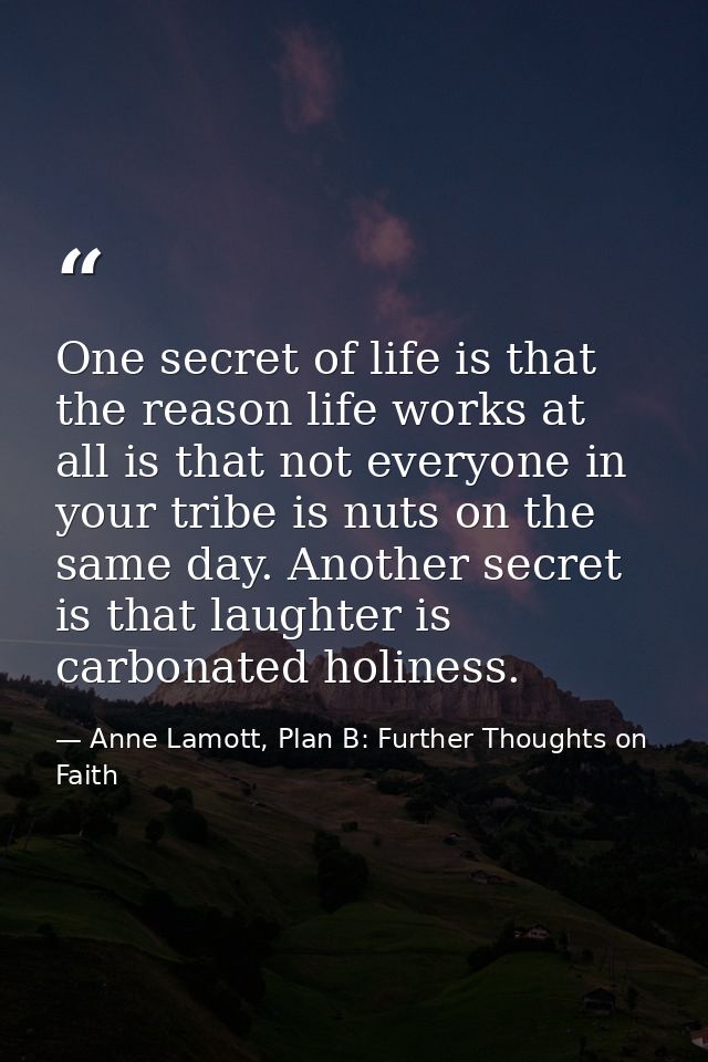 One secret of life is that the reason life works at all is that not everyone in your tribe is nuts on the same day. Anot — Anne Lamott, Plan B: Further Thoughts on Faith