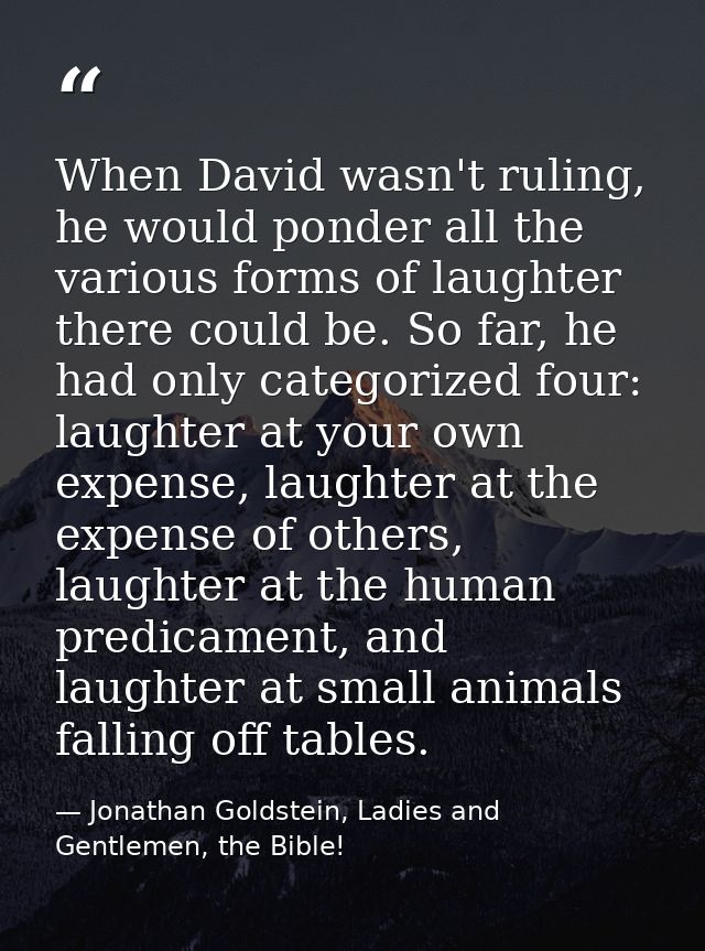 When David wasn't ruling, he would ponder all the various forms of laughter there could be. So far, he had only categori — Jonathan Goldstein, Ladies and Gentlemen, the Bible!