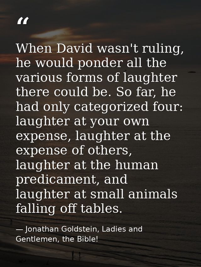 When David wasn't ruling, he would ponder all the various forms of laughter there could be. So far, he had only categori — Jonathan Goldstein, Ladies and Gentlemen, the Bible!