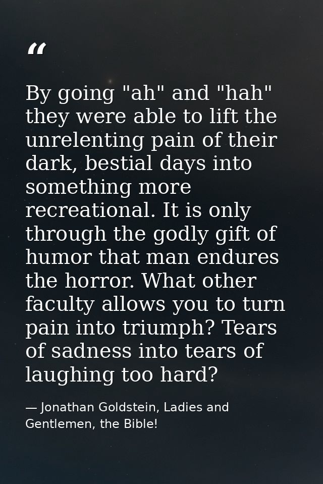 By going "ah" and "hah" they were able to lift the unrelenting pain of their dark, bestial days into something more recr — Jonathan Goldstein, Ladies and Gentlemen, the Bible!