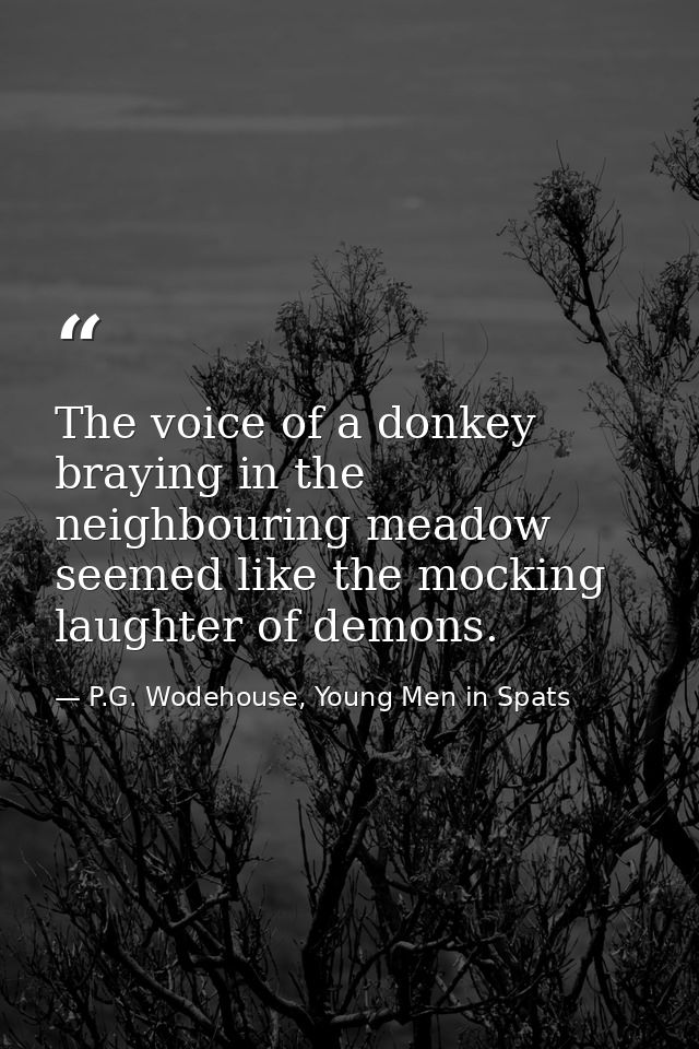 The voice of a donkey braying in the neighbouring meadow seemed like the mocking laughter of demons. — P.G. Wodehouse, Young Men in Spats