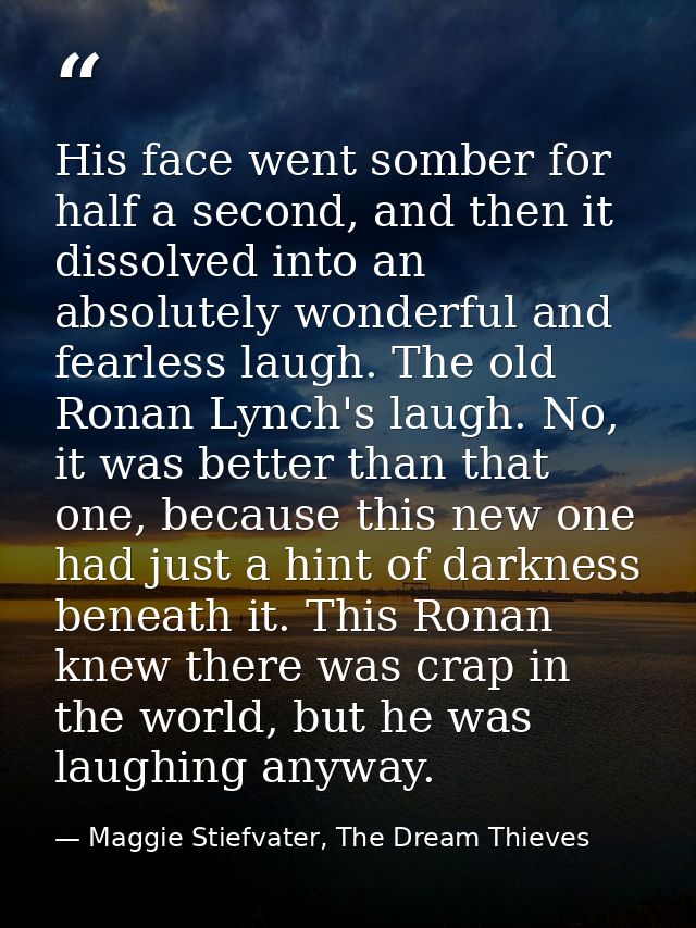 His face went somber for half a second, and then it dissolved into an absolutely wonderful and fearless laugh. The old R — Maggie Stiefvater, The Dream Thieves